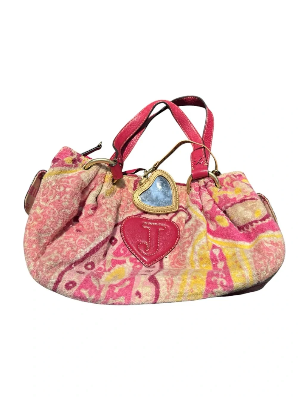 Vintage Juicy Couture Pink Y2K Floral Terrycloth Shoulder Bag Lux Charms